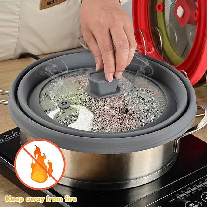 Microwave Splatter Cover Glass Cover Guard Lid with Collapsible Silicone for Food Pot Plate Cover 9.8 inch Light Grey