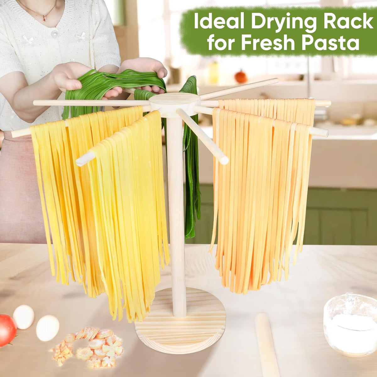 Pasta Drying Rack - 9 Sticks Wooden Pasta Dryer Stand for Homemade Fresh Pasta, Spaghetti, Fettuccine, Tagliatelle - Large Detachable Natural Wood Noodle Rack, Space Saving & Sturdy Design