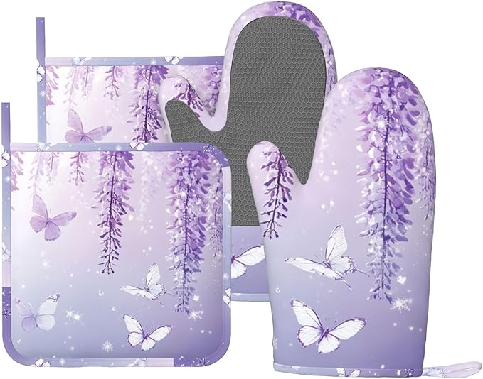 Oven Mitts and Pot Holders Lavender Butterfly Light Purple Flower Silicone Kitchen Accessories Set of 4 Heat Resistant Long Gloves Potholder Non-Slip Grip for Chef Cooking Baking Grilling BBQ