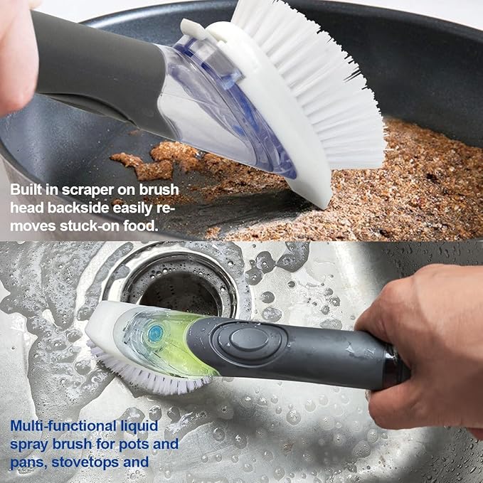 CELOX Grout Brush with Long Handle and Dish Brush with Soap Dispenser for Cleaning Pots, Dishes, Bowls, Gray