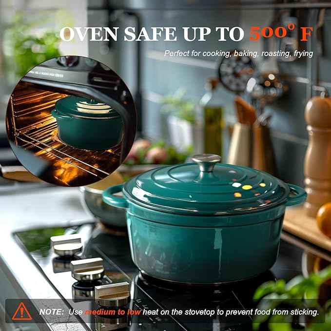 Overmont Enameled Cast Iron Dutch Oven - 4.5QT Pot with Lid Cookbook & Cotton Potholders - Heavy-Duty Cookware for Braising, Stews, Roasting, Bread Baking bottle green