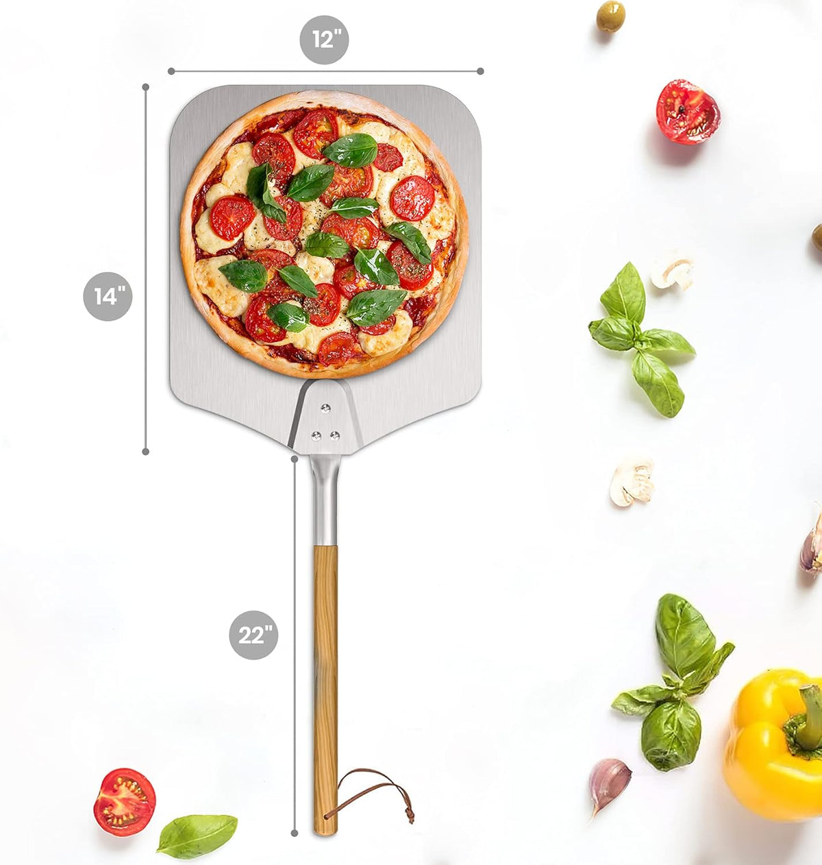 only fire Long Metal Pizza Peel with Wooden Handle for Indoor & Outdoor Grill Oven, 12 x 14 inch Pizza Baking Spatula Paddle for Baking Bread Pies, 36 Inch Long