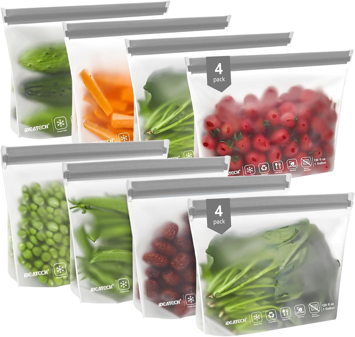 IDEATECH Gallon Freezer Food Containers, BPA Free PEVA Reusable Gallon Bags, Sandwich Bags, Lunch Baggies, Travel Healthy Food (Grey, 8Pack-8Gallon)