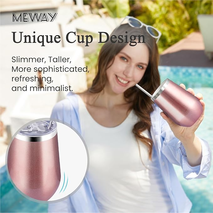 MEWAY Stainless Steel Wine Tumbler with Lid and Straw 12oz - Stemless Insulated Wine Cup Glasses for Coffee,Cocktails,Drinks, and Office Use, Ideal for Parties and Gifts(Rose Gold, Set of 12)