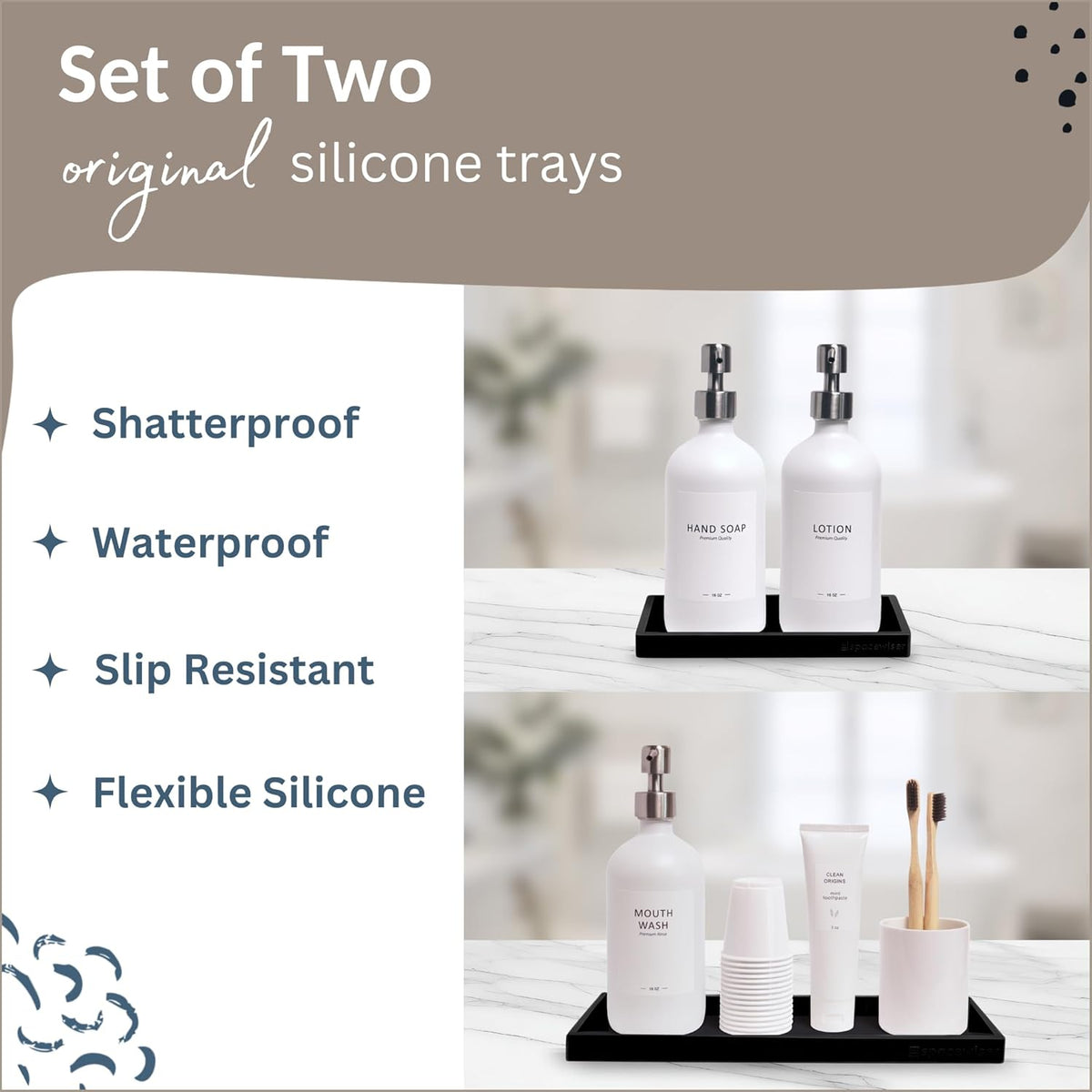 Countertop and Vanity Tray - 2 PC (11” and 7”) Shatterproof Silicone Kitchen and Bathroom Trays for Counter, Kitchen Soap Dispenser Tray, Vanity Trays for Bathroom, Perfume Key Tray