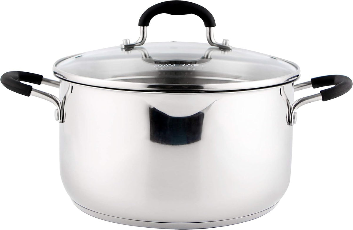 AVACRAFT Stainless Steel Stockpot with Glass Strainer Lid, 6 Quart Stock Pot, Saucepan cookware, Side Spouts, Multipurpose, Sauce, Soup, Induction Pan, (5-Ply Capsule Bottom, 6QT)