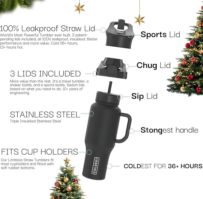 Coldest Tumbler with Handle and Straw - 100% Leak Proof Insulated Tumbler with Lid and Straw (3 Lids) - Stainless Steel Tumblers for Women & Men - Cup Holder Friendly Base, 46 oz (Trailblazer)