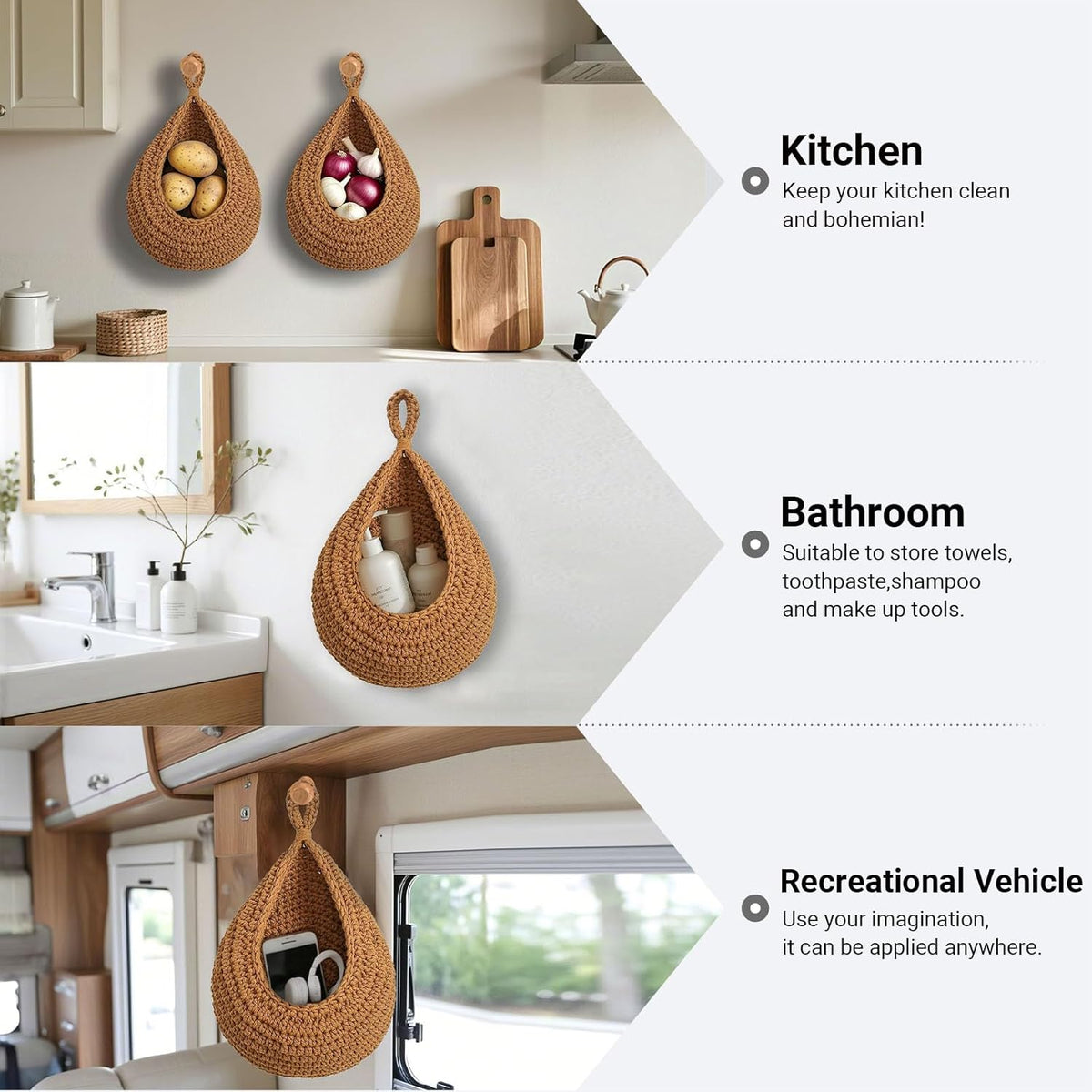 Hanging Fruit Baskets for Kitchen, 3 Pack Boho Cotton Rope Handwoven Vegetable Storage Wall Mounted Large Organizing Basket for Farmhouse Decor, Onion, Potato, Garlic and Plants (Caramel)