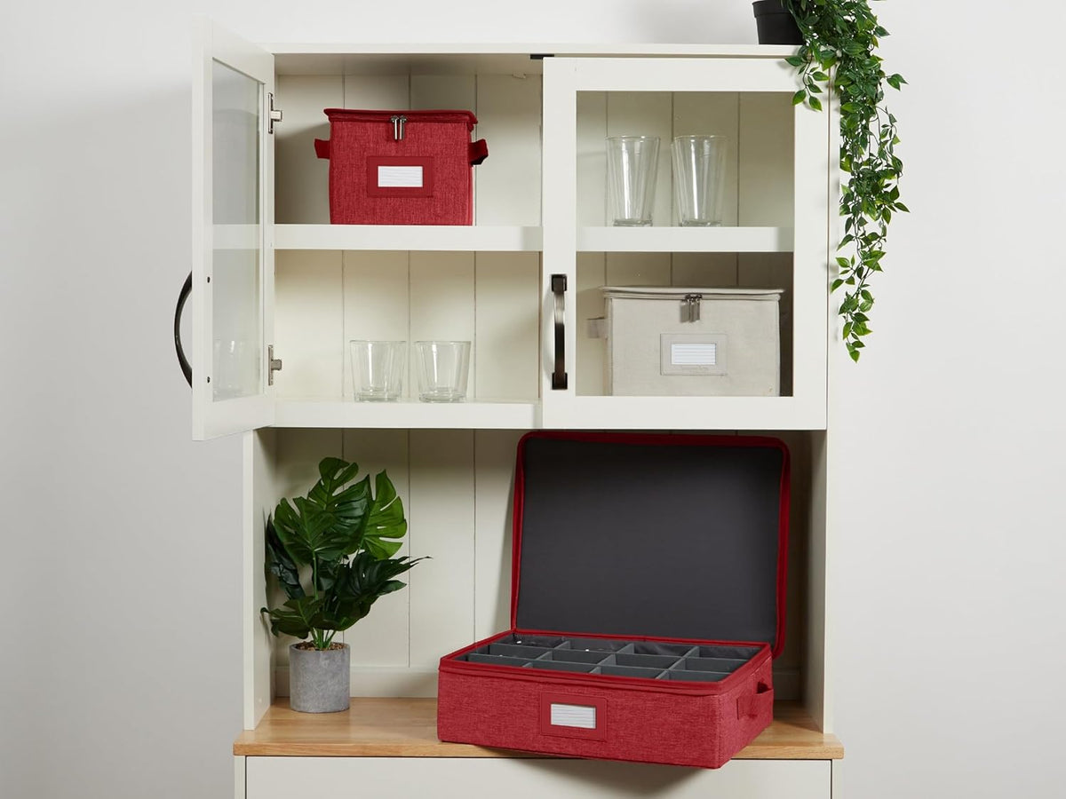 Covermates Keepsakes Dish Storage Box - Stackable, Reinforced Handles, China Storage, Red Heather
