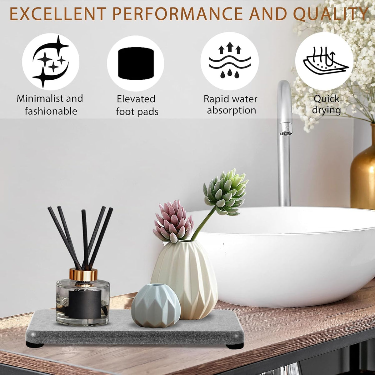 4PCS Water Absorbing Stone Tray, Stone Drying Tray for Bathroom Sink and Kitchen Counter, Fast Drying Diatomite Sink Coasters, Diatomaceous Coaster, Soap Dish Holders