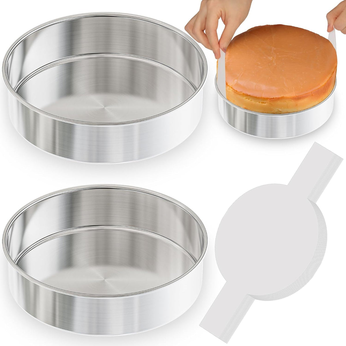 8 Inch Round Cake Pans Set of 2, Nonstick Stainless Steel Baking Pans Set with 100PCS Parchment Papers, Durable Birthday Christmas Circle Layer Cake Pans, Cake Pans Sets for Baking, Dishwasher Safe