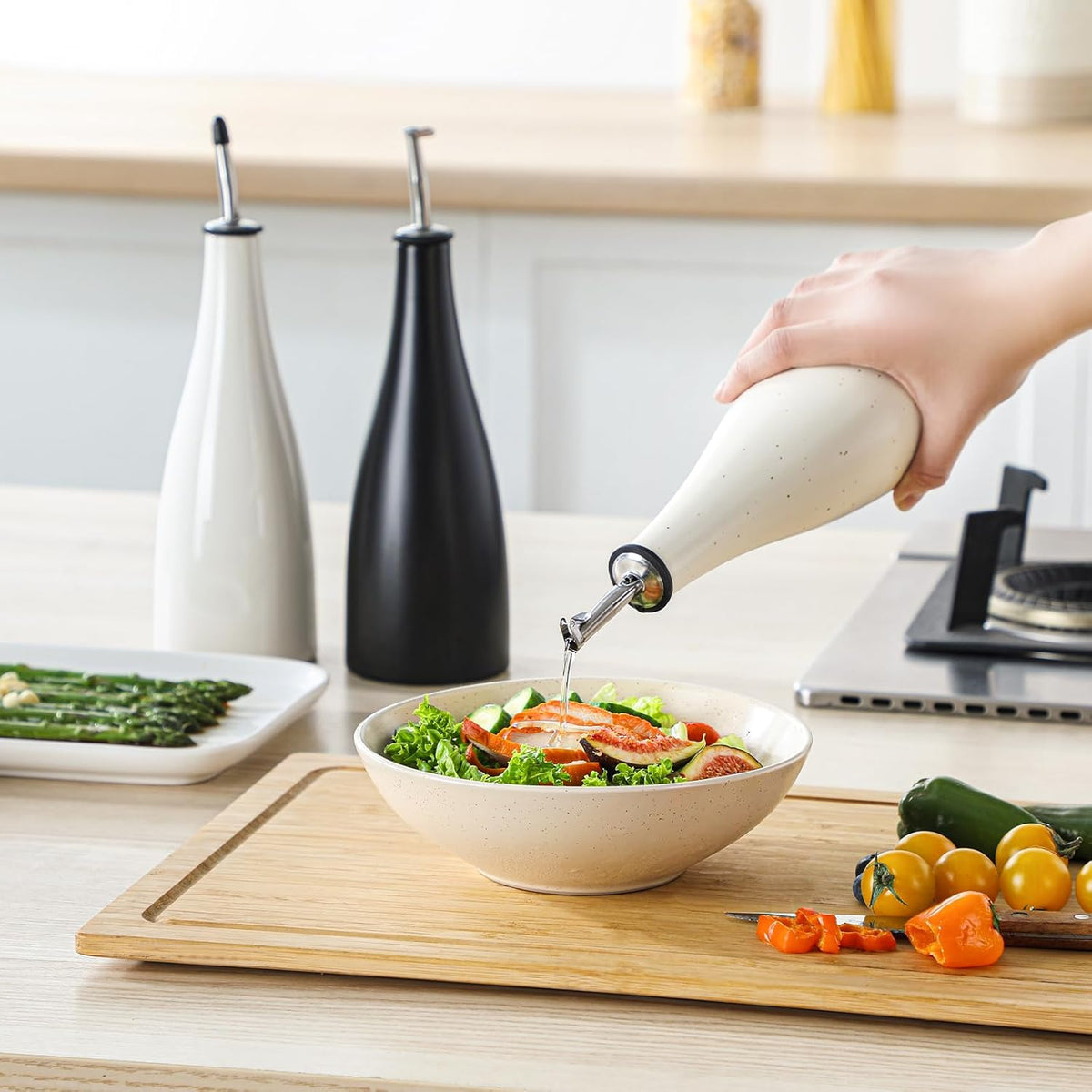 vancasso 16 Oz Ceramic Olive Oil Dispenser Bottle, Bottle Dispenser with Spout and Funnel for Kitchen,Suitable for Oil, Vinegar, Coffee Syrups & Other Liquids，Cream