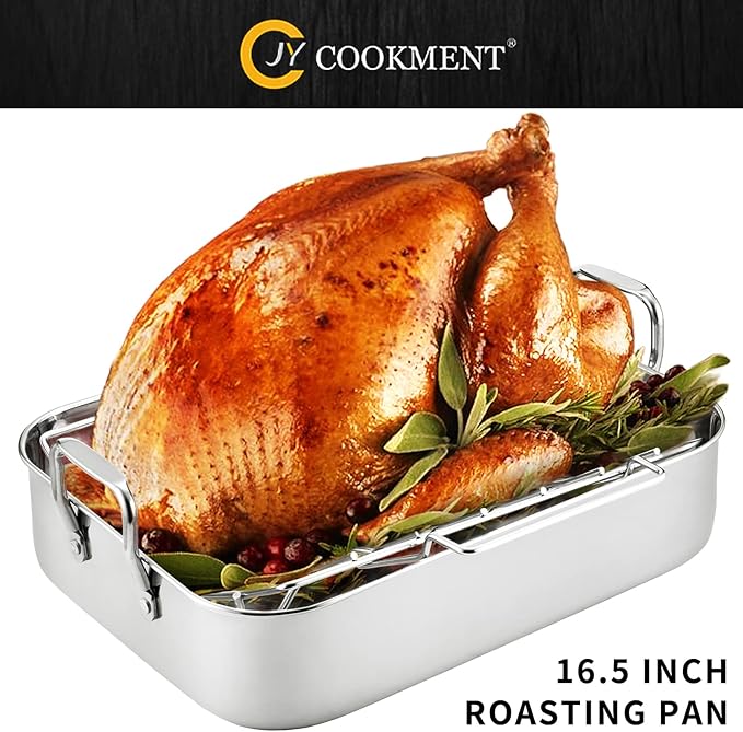 JY COOKMENT Roasting Pan with Baking Rack, 16.5 Inch Stainless Steel Turkey Roaster with Rack, Baster. Great for Turkey, Chicken, Ham, Vegetables