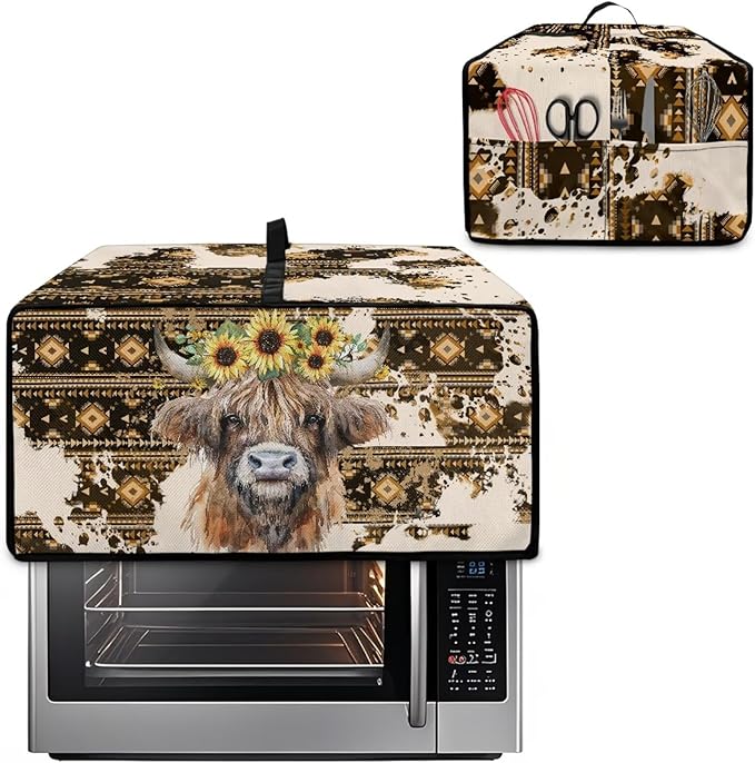 Convection Toaster Oven Cover with Pockets, Easy to Clean, Smart Microwave Baking Oven Dust Cover for Countertop, L, Aztec Highland Cow Sunflower Tribal Pattern