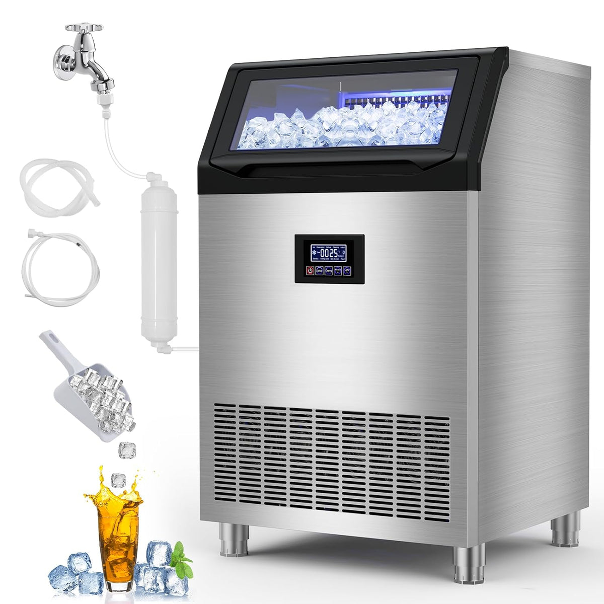 Commercial Ice Maker Machine 350 LBS/24H, 136 Ice Trays Freestanding & Undercounter Ice Machine Stainless Steel with 60 LBS Ice Storage Capacity, Ice Maker with Water Line and Filter, Dual Water Inlet