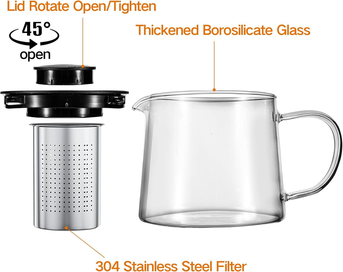 Glass Teapot 51oz/1500ml with Removable Stainless Steel Infuser Tea pot, Heatproof Borosilicate Glass Tea Make, Stovetop Safe Glass Tea Kettle for Loose and Blooming Leaf Tea