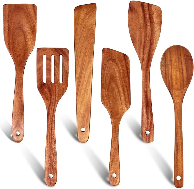 6 Pcs Best Flat Wood Spatula Set Teak Wooden Spoon for Cooking Utensils Slotted Turner Spatula Non Toxic Kitchen Utensil Set Scraper Spurtle Serving Turner Bamboo Cooking Spoons Egg Flipper Spatulas