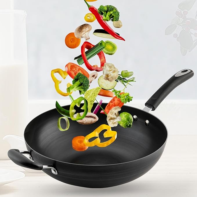 Wok Pan with Lid Nonstick Wok 30cm, Carbon Steel Woks Stir-Fry Pans, No Chemical Coated Flat Bottom Chinese Wok, for Electric, Induction and Gas Stoves