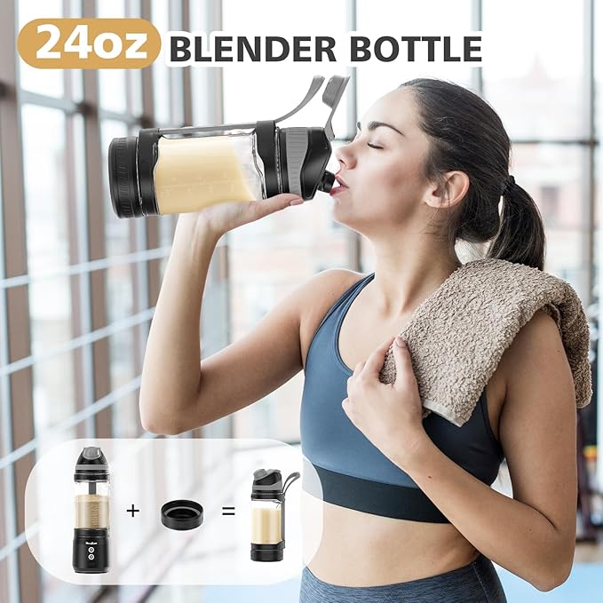 Portable Personal Blender for Smoothies, Protein Shakes, Frozen Drinks - 24Oz Blender Cup Bottle with Sip Spout, Travel Lid, USB-C Rechargeable, Cordless - Mini Small Blenders for Kitchen, Gym, Office