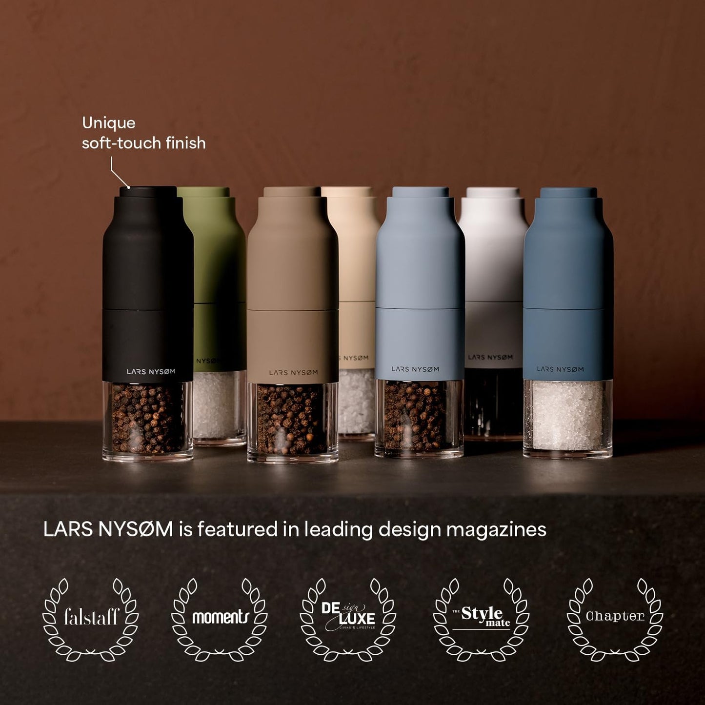 LARS NYSØM Salt and Pepper Grinder Set, Stainless Steel Manual Salt and Pepper Mills, Adjustable Ceramic Grinder, Design Spice Shakers (Red/Green)