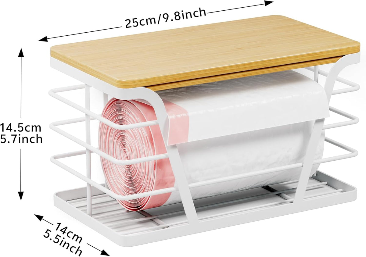 Small Grocery Bag Holder, Trash Bag Dispenser with Removable Bamboo Top, No Drill,White