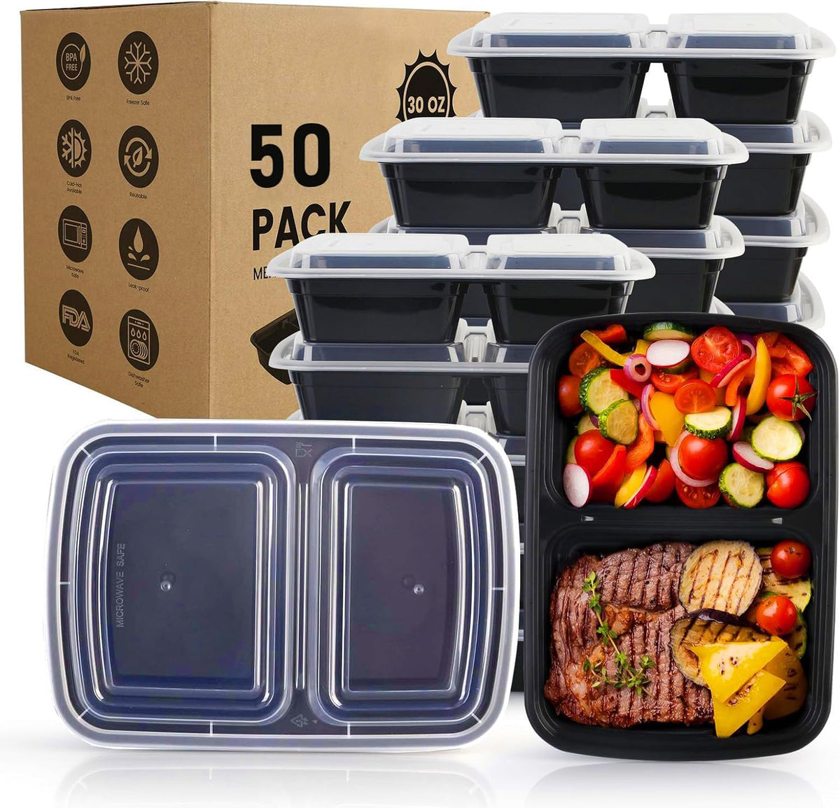 Meal Prep Containers 50 Pack - 2 Compartment Food Containers with Lids, To Go Food Containers BPA-Free, carry out Container With Lids Microwave, Dishwasher, Freezer Safe 30 oz
