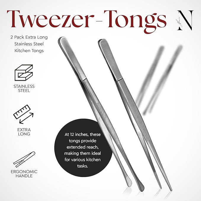 Namre' Tweezer Tongs for Cooking -Plating - 2 Pack Stainless Steel Cooking Tongs - Thin Chopstick Precise & Strong Chef Tweezers for Food & Small Objects - 12 Inch - (Silver)