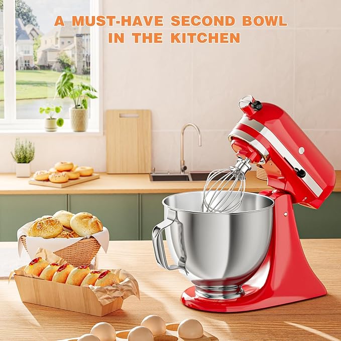 5 QT Food-Grade Stainless Steel Mixer Bowl Compatible With KITCHENAID TILT-HEAD STAND MIXERS 4.5-5 Quart, with Anti-slip handle & Prominent Clasp, Stainless Steel Polished