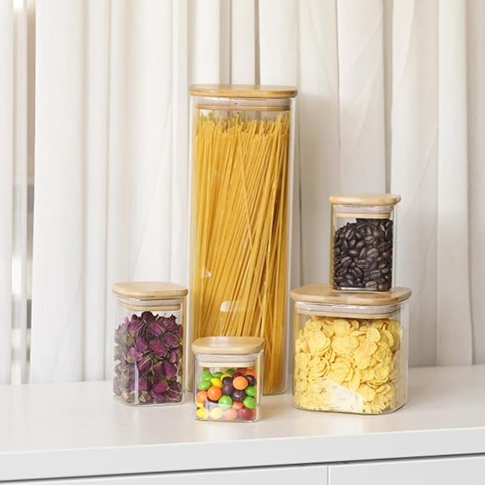 SHOWIN Glass Pasta Storage Jars Square 73oz, 3 Pack Glass Jars With Bamboo Lids, Tall Kitchen Storage Containers For Pasta, Storage For Pantry Organizers