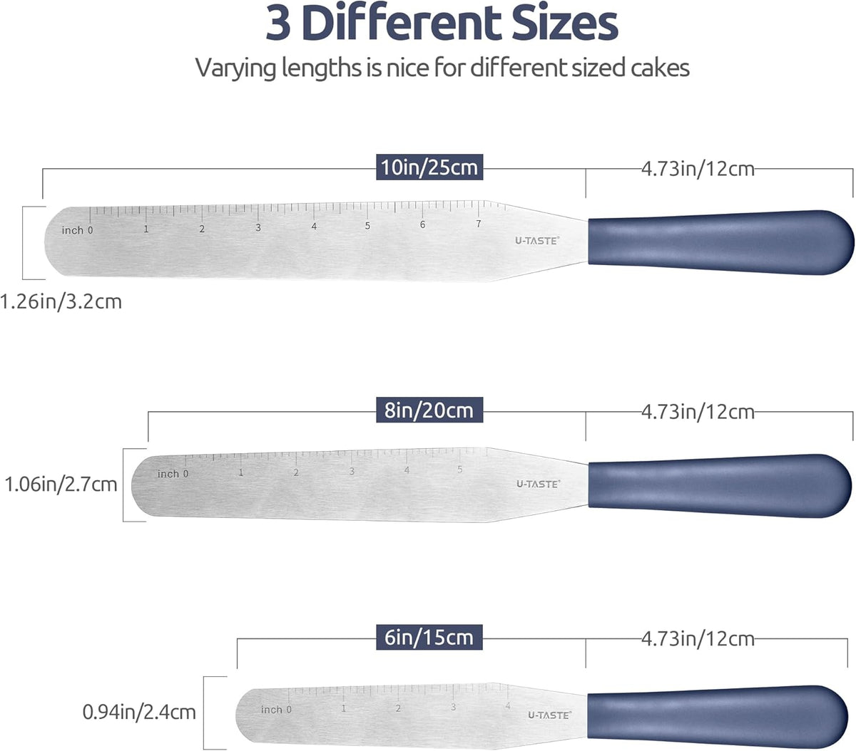 U-Taste Cake Icing Spatulas Set: Straight Decorating Frosting Knife with 6", 8", 10" Flat Thinner Stainless Steel Blade, Flexible Smoothing Spreading Tools with Comfortable PP Handle (Midnight Blue)
