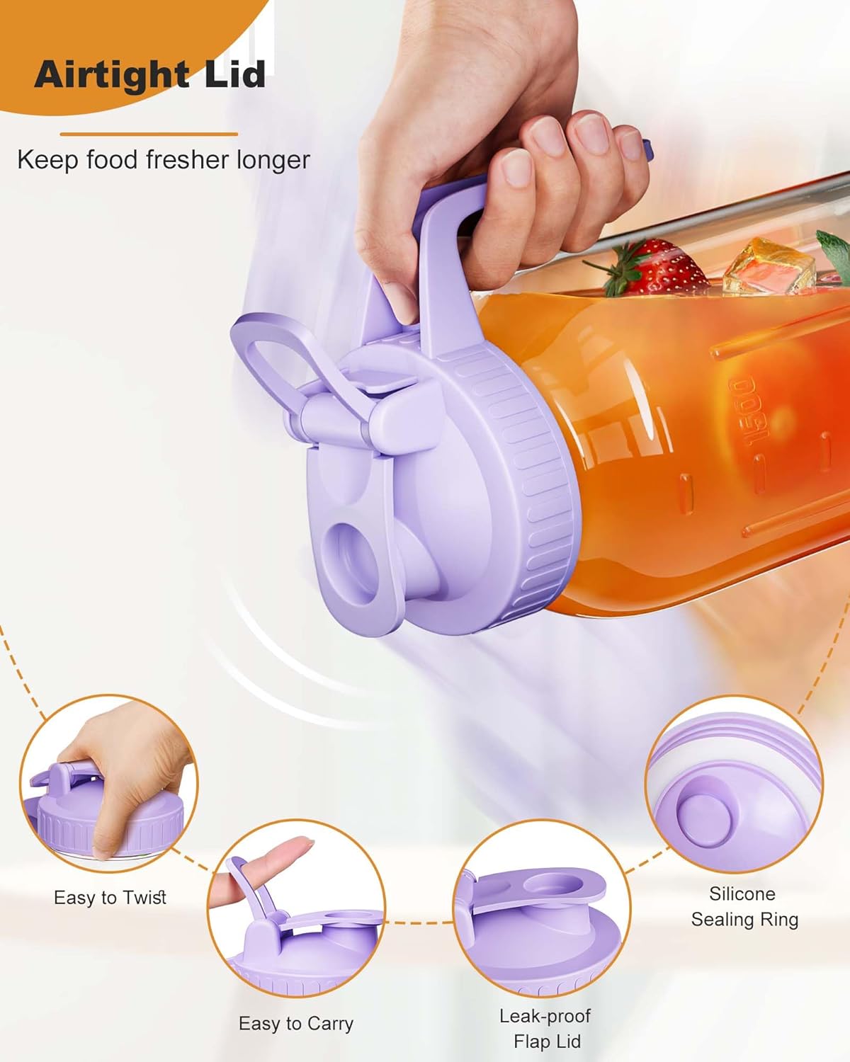 | 2 Pack | 64oz | Glass Mason Jar Pitcher with Lid and Spout, 2 Quart (1.9 Liter) Airtight Glass Water Jug Wide Mouth for Juice, Sun Tea, Iced Coffee, Milk Storage, Purple & Orange