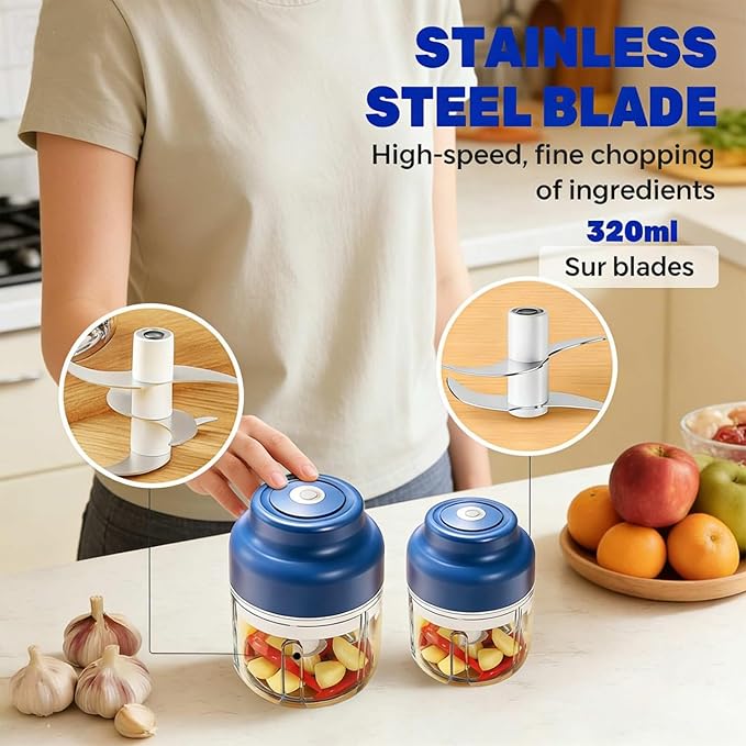 Electric Garlic Chopper Mini, Upgraded Rechargeable Veggie Chopper With Storage and Cover, One-Touch Food Processor with 4 Stainless Steel Blades for Onion Meat Chili Ginger (Blue, 320ml)