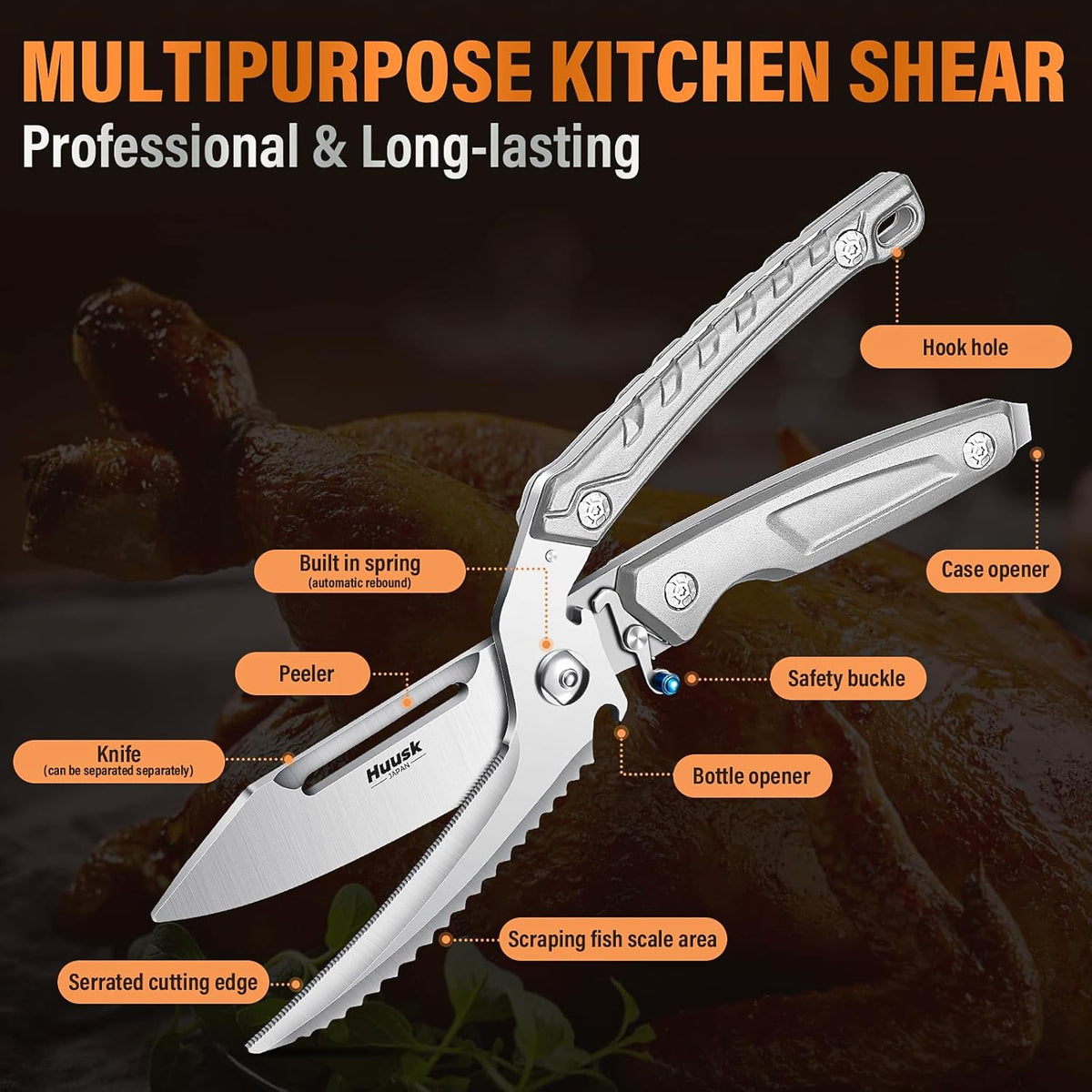 Huusk Heavy Duty Poultry Scissors - Kitchen Scissors with Serrated Edge, Detachable Sharp Shears for Cutting Meat, Chicken Bone and Turkey, All Purpose for Thanksgiving (Silver)