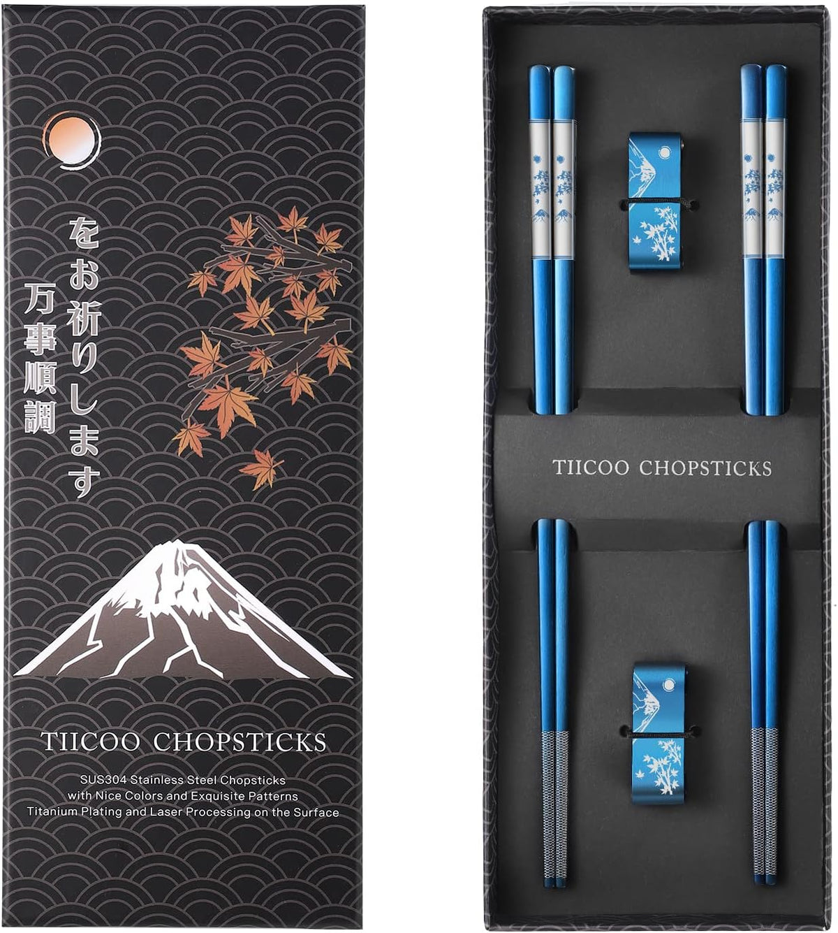 Metal Chopsticks Reusable 2 Pairs Titanium Plated 18/8 Stainless Steel Chopsticks with Holder, Dishwasher Safe Non-Slip Japanese Style Laser Engraved Chop Sticks Gift Set (Blue)