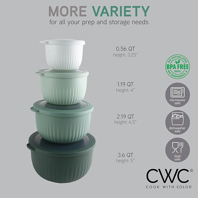 COOK WITH COLOR Prep Bowls with Lids- Wide and Deep Nesting Plastic Small Mixing Bowl Set with Lids, 8 Piece Set - Deep Bowls, Sage