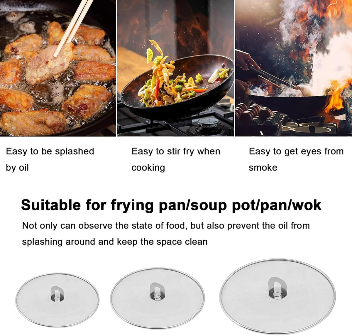 Splatter Screen for Cooking - Stainless Steel Grease Splatter Guard for Frying Pan, No Cooking Oil Mess No Burns, Ultra Fine Mesh Lids Set of 3(10", 11.5", 13")