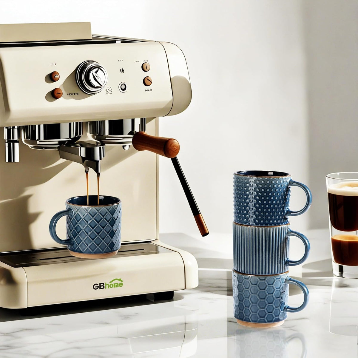 GBHOME 6 OZ Stackable Coffee Mugs, Ceramic Coffee Mugs with Texture Patterns for Man,Woman,Dad,Mom, Modern Coffee Cups Set of 4 for Espresso/Cappuccino/Cocoa. Dishwasher&Microwave Safe, Moonlight Blue