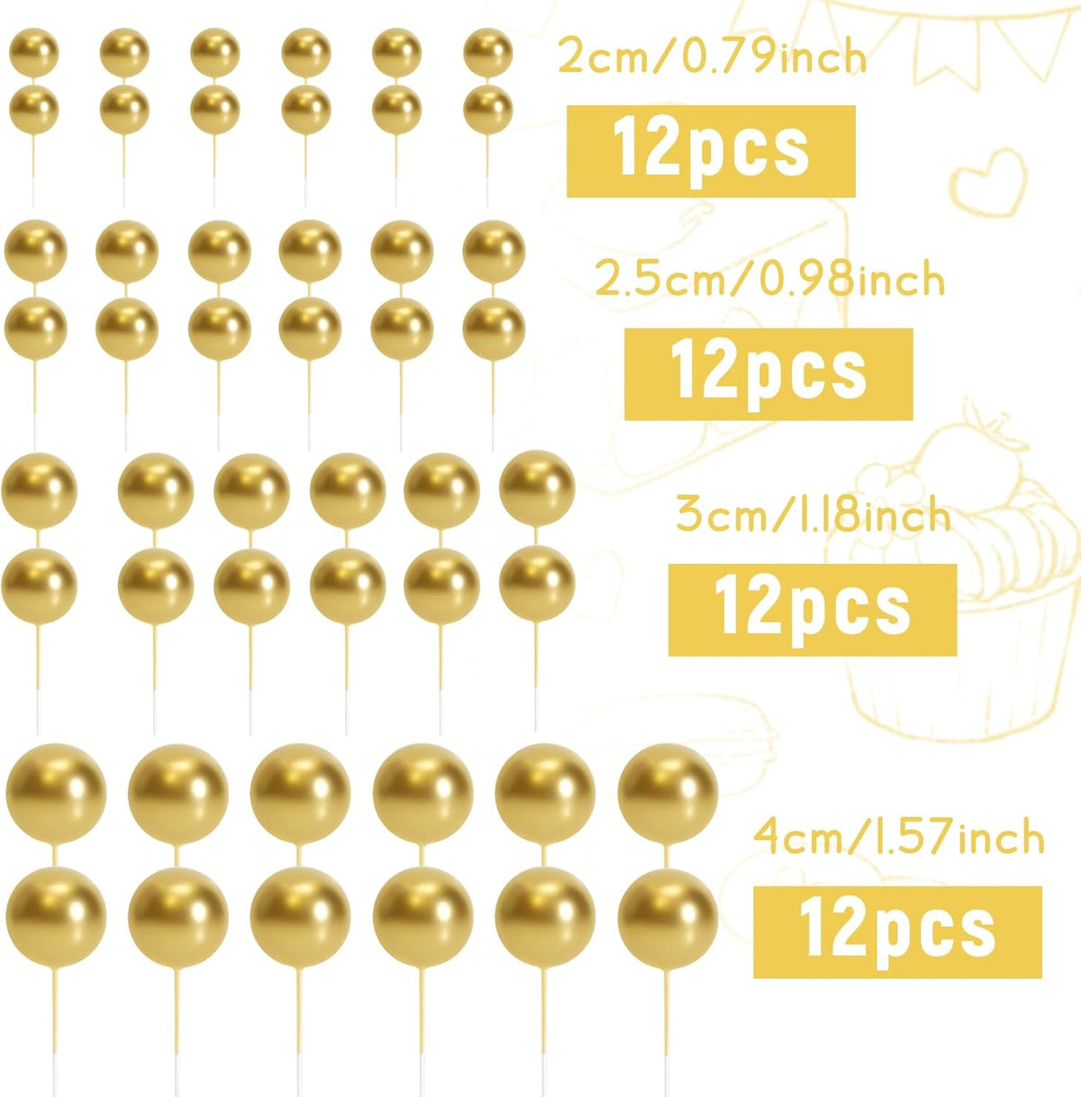 48 Pcs Gold Balls Cake Topper Decorations Balloon Cupcake Toppers Foam Cake Topper Balls Cake Balls Decorations for Birthday Party Wedding Anniversary Cake Decorating