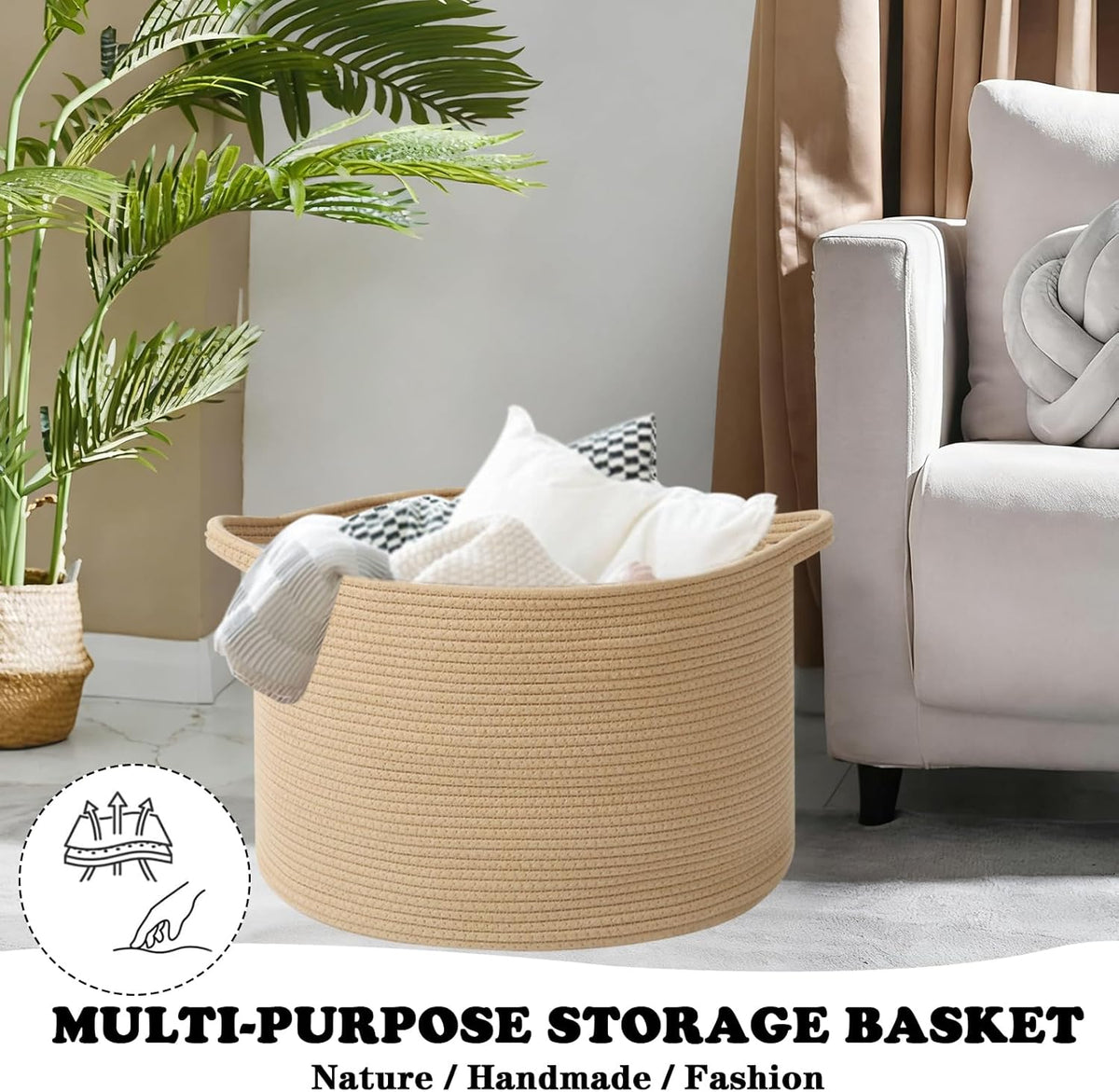 Large Blanket Basket for Organizing,65L Closet Organizers and Storage Bins Box for Shelves Woven Rope Storage Baskets,Living Room,Bedroom,Dorm,Laundry room (Camel)
