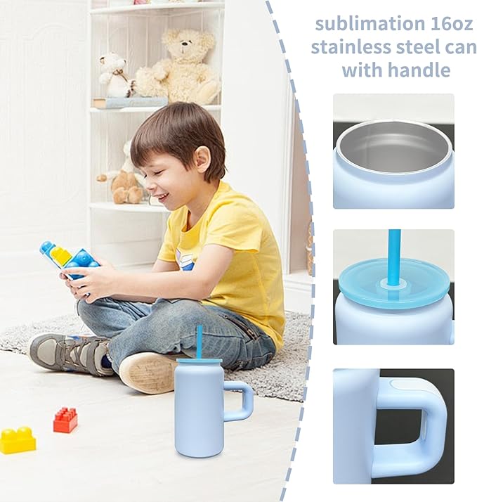 4 Pack 16 oz Sublimation Tumblers with Handle and Straw for Kids, Stainless Steel Sublimation Tumblers Bulk with Lids, Vacuum Insulated Iced Coffee Cups for DIY Craft Heat Press Print (Blue,4 pack)