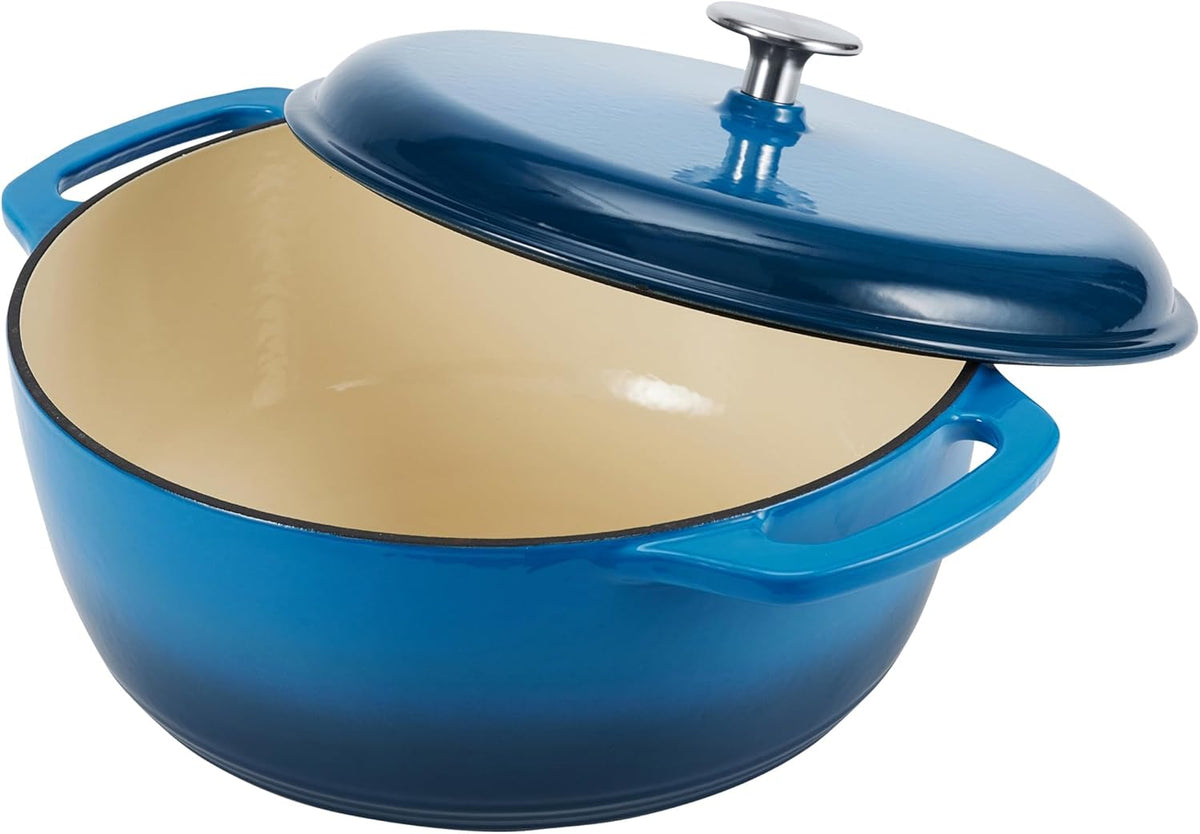 Amazon Basics Cast Iron Dutch Oven Pot with Lid, Enameled, Round, Dual Handles, Heavy-Duty, Medium, 6-Quart, Blue
