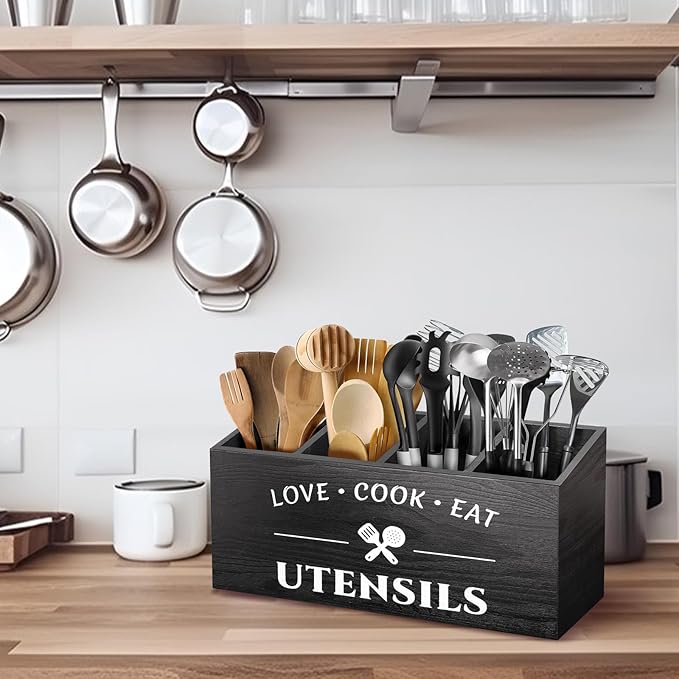 MINCORD Rustic Wooden Utensil Holder for Countertop - 4 Compartment Farmhouse Heavy-Duty Flatware Caddy & Silverware Organizer - Large Kitchen Decor for Spoons, Forks, Parties, Coffee Bar & RV