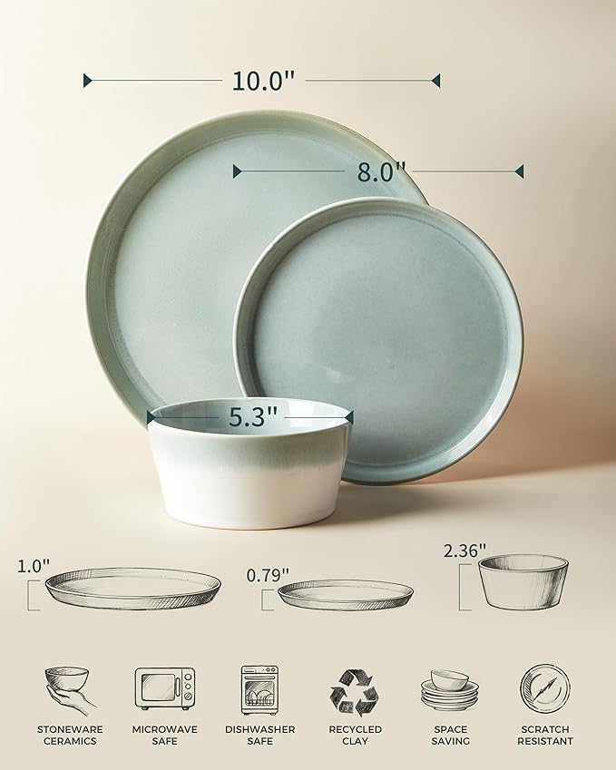 Pokini Dinnerware Sets for 8, Ceramic Plates and Bowls Set, Modern Artisan Dish Set, Microwave & Dishwasher Safe Dishware Set, Chip & Scratch Resistant Dinner Sets, Gradient Green