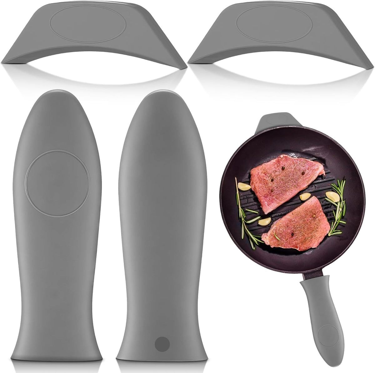 Domensi 4 Pcs Silicone Hot Handle Holder Set Cast Iron Skillet Handle Covers Heat Resistant Silicone Assist Handle Holder for Frying Pans Cast Iron Skillet Griddles Cookware(Grey)