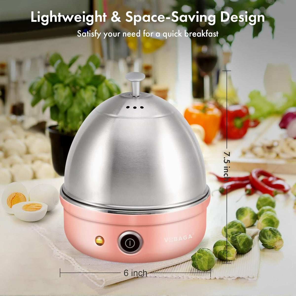 VOBAGA Electric Egg Cooker, Rapid Egg Boiler with Auto Shut Off for Soft, Medium, Hard Boiled, Poached, Steamed Eggs, Vegetables and Dumplings, Stainless Steel Tray with 7-Egg Capacity, Pink