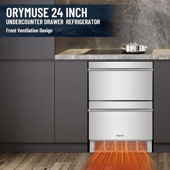 ORYMUSE Outdoor Drawer Refrigerator, 24 Inch Undercounter Beverage Cooler Fridge with Stainless Steel Seamless Door Can Hold 154 Cans w/Powerful Cooling Compressor for Kitchen and Commercial