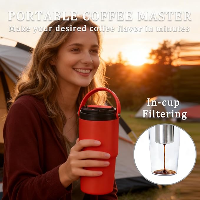 minkah Fast Extraction Mini Electric Coffee Maker - Portable Filter Coffee Brewer for Travel,Insulated Stainless Steel Tumbler,30 oz Reusable Iced Coffee Cup Machine,Hot Coffee Mug with Lid (Grey)