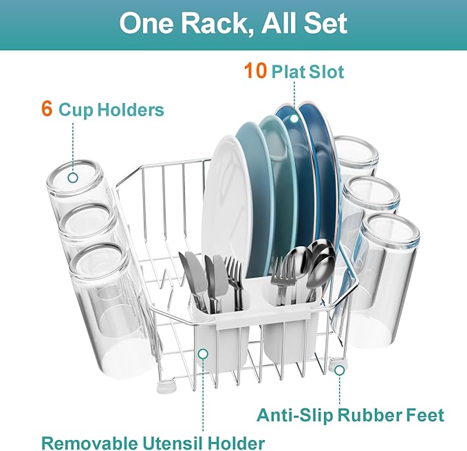 GSlife Mini in Sink Dish Drying Rack - Stainless Steel Small Dish Drainer for RV Kitchen Apartment Sink, 9.5" W x 13.4" L, White Utensil Holder