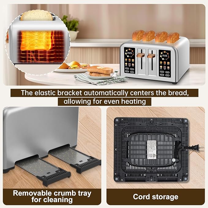 SEEDEEM Toaster 4 Slice, Stainless Steel, Touch Screen for Dual Control, Digital Timer, Smart Toaster with 6 Bread Type, 7 Shade Setting, 1.5''Wide Slot, Removable Crumb Tray, 1800W, Silver Metallic