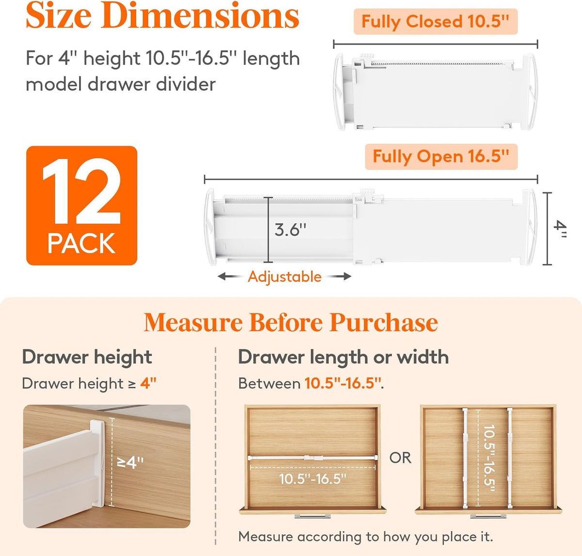 Lifewit 12 Pack Drawer Dividers 4" High, 10.5-16.5" Dresser Drawer Divider, Adjustable Drawer Organizers for Clothes, Plastic Drawers Separators for Dresser, Bedroom, Bathroom, Kitchen, Office